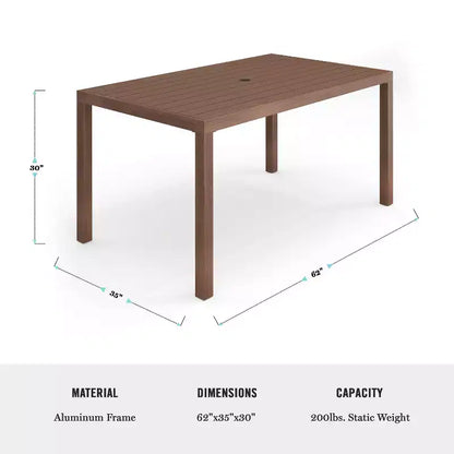 Ensemble de patio intérieur/extérieur Martha Stewart Bedford avec table de 62 po et 6 chaises de salle à manger avec finition en aluminium brossé imitation bois et coussins toutes saisons