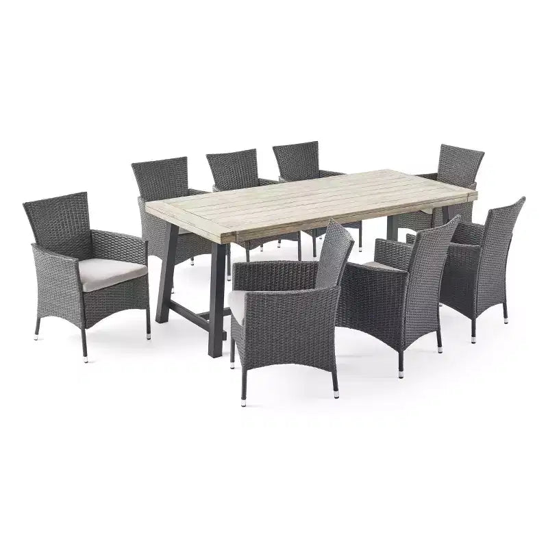 Christopher Knight Home Flamingo - Ensemble de salle à manger d'extérieur 9 pièces en bois d'acacia et osier avec coussins