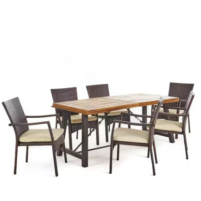 GDFStudio Malic Set da Pranzo da Esterno a 7 Pezzi in Legno di Acacia e Vimini con Cuscini, Crema/Teak