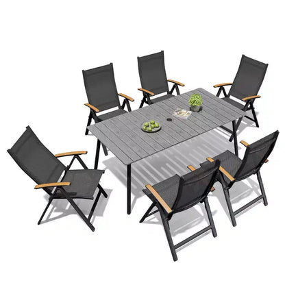 Crestlive Products Set da pranzo da esterno Tavolo da pranzo da patio con sedie pieghevoli Top effetto legno e telaio in alluminio Foro per ombrellone