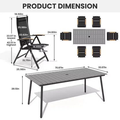 Crestlive Products Set da pranzo da esterno Tavolo da pranzo da patio con sedie pieghevoli Top effetto legno e telaio in alluminio Foro per ombrellone
