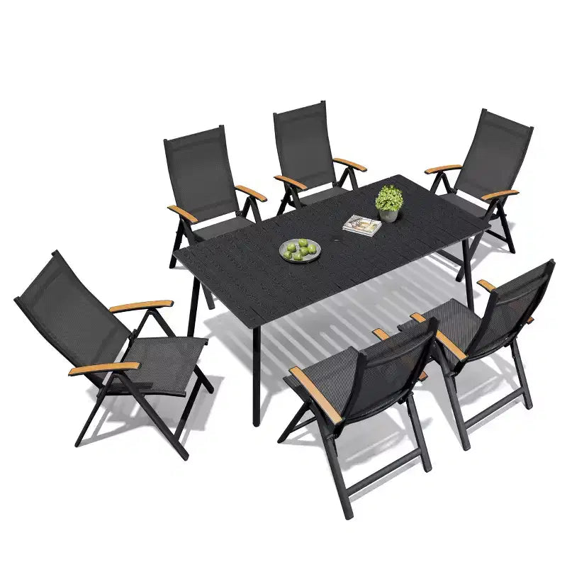 Crestlive Products Set da pranzo da esterno Tavolo da pranzo da patio con sedie pieghevoli Top effetto legno e telaio in alluminio Foro per ombrellone