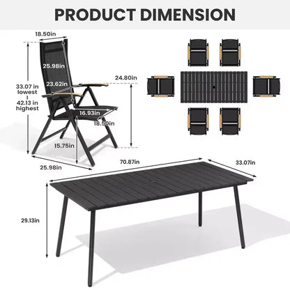Crestlive Products Set da pranzo da esterno Tavolo da pranzo da patio con sedie pieghevoli Top effetto legno e telaio in alluminio Foro per ombrellone