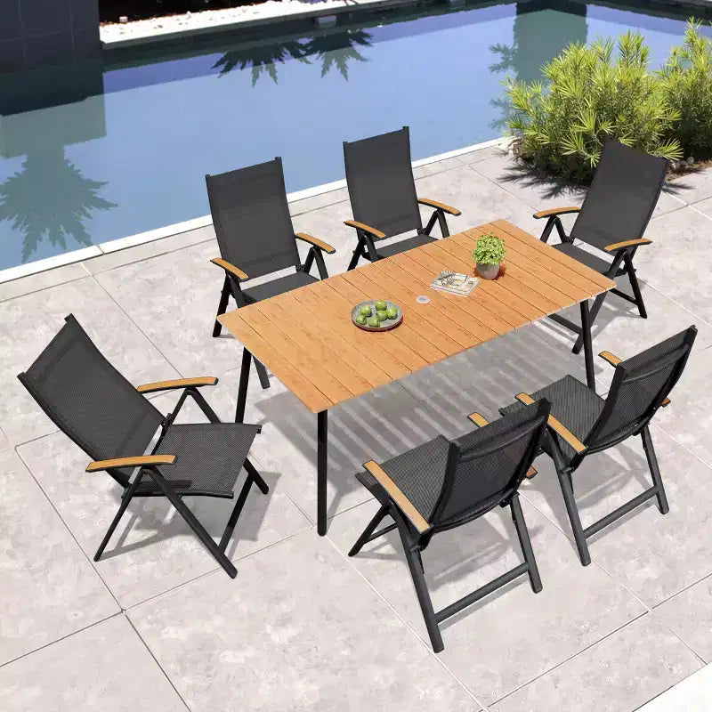 Crestlive Products Set da pranzo da esterno Tavolo da pranzo da patio con sedie pieghevoli Top effetto legno e telaio in alluminio Foro per ombrellone