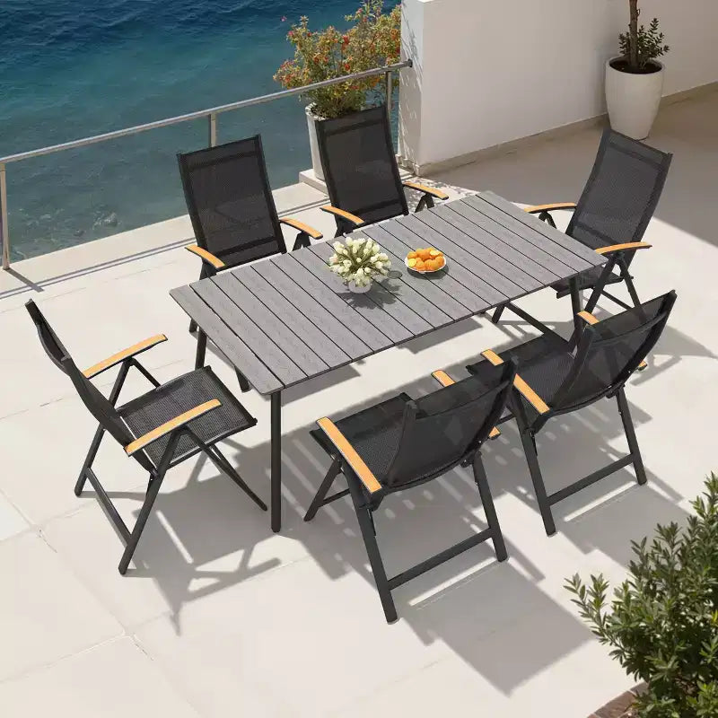 Crestlive Products Set da pranzo da esterno Tavolo da pranzo da patio con sedie pieghevoli Top effetto legno e telaio in alluminio Foro per ombrellone