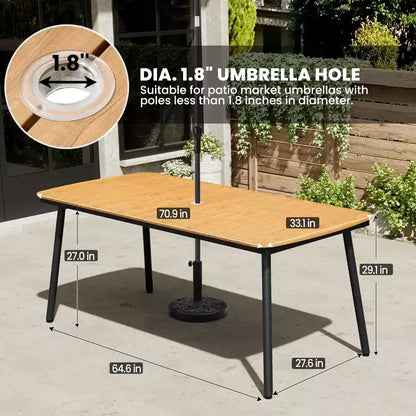 Crestlive Products Set da pranzo da esterno in alluminio da 7 pezzi, tavolo da 180 cm e 6 sedie con piano in legno sintetico e foro per ombrellone per piscina, prato