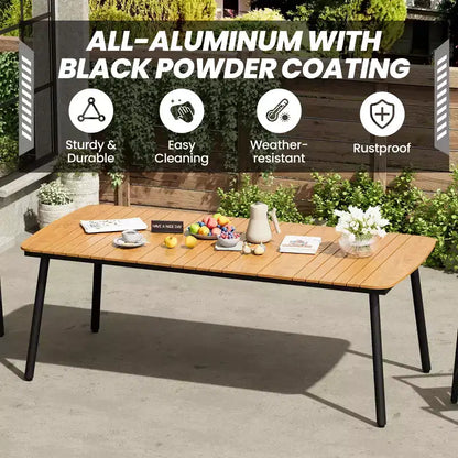 Crestlive Products Set da pranzo da esterno in alluminio da 7 pezzi, tavolo da 180 cm e 6 sedie con piano in legno sintetico e foro per ombrellone per piscina, prato