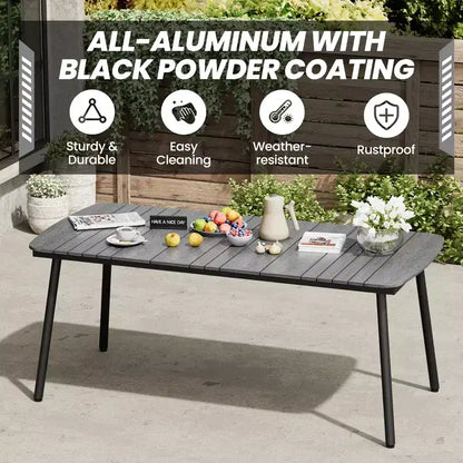 Crestlive Products Set da pranzo da esterno in alluminio da 7 pezzi, tavolo da 180 cm e 6 sedie con piano in legno sintetico e foro per ombrellone per piscina, prato
