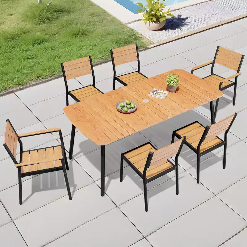 Crestlive Products Set da pranzo da esterno in alluminio da 7 pezzi, tavolo da 180 cm e 6 sedie con piano in legno sintetico e foro per ombrellone per piscina, prato