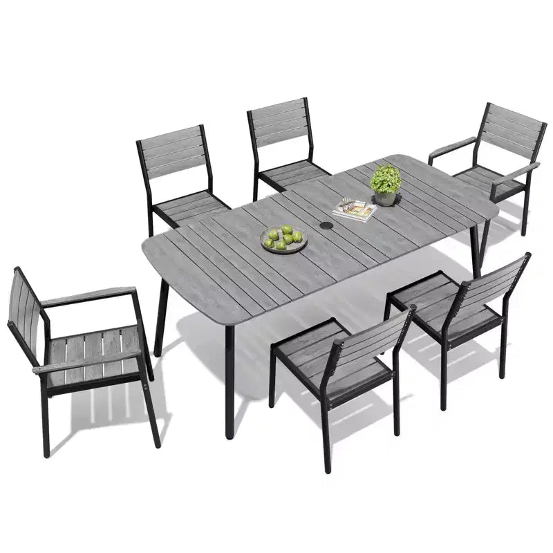 Crestlive Products Set da pranzo da esterno in alluminio da 7 pezzi, tavolo da 180 cm e 6 sedie con piano in legno sintetico e foro per ombrellone per piscina, prato