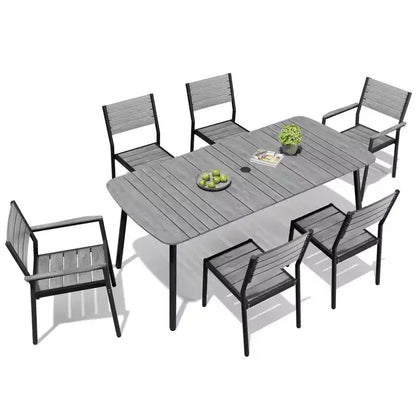 Crestlive Products Set da pranzo da esterno in alluminio da 7 pezzi, tavolo da 180 cm e 6 sedie con piano in legno sintetico e foro per ombrellone per piscina, prato