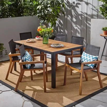 Christopher Knight Home Lemyra Outdoor Mesh and Acacia Wood 7 Piece Dining Set, Teak/Black