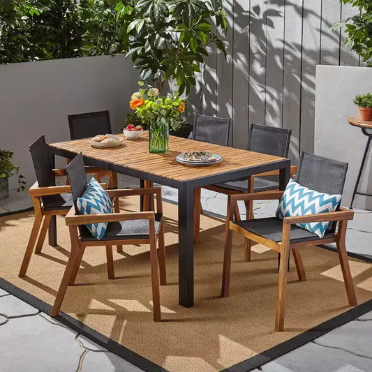 Christopher Knight Home Lemyra Outdoor Mesh and Acacia Wood 7 Piece Dining Set, Teak/Black
