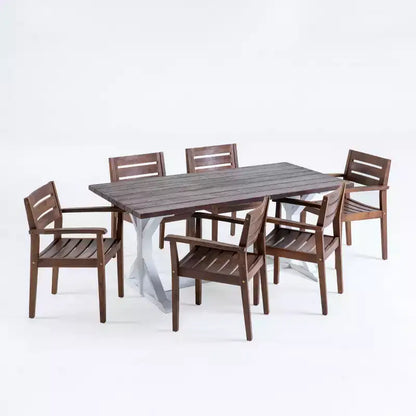 Christopher Knight Home Shalimar Ensemble de salle à manger 7 pièces en bois d'acacia d'extérieur, marron foncé et blanc