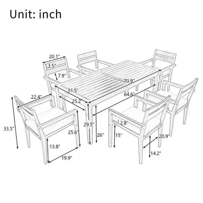 Ensemble de salle à manger d'extérieur 7 pièces Whisen - 6 places, table et chaises de jardin en bois d'extérieur, ensembles de meubles de patio résistants aux intempéries