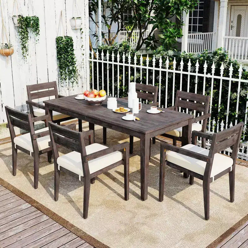 Ensemble de salle à manger d'extérieur 7 pièces Whisen - 6 places, table et chaises de jardin en bois d'extérieur, ensembles de meubles de patio résistants aux intempéries