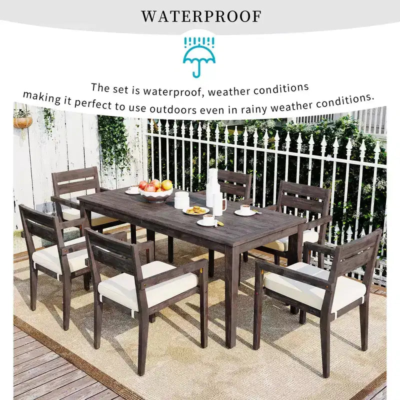 Ensemble de salle à manger d'extérieur 7 pièces Whisen - 6 places, table et chaises de jardin en bois d'extérieur, ensembles de meubles de patio résistants aux intempéries