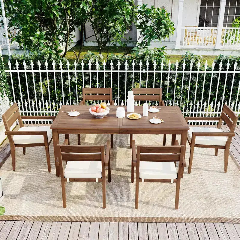 Ensemble de salle à manger d'extérieur 7 pièces Whisen - 6 places, table et chaises de jardin en bois d'extérieur, ensembles de meubles de patio résistants aux intempéries