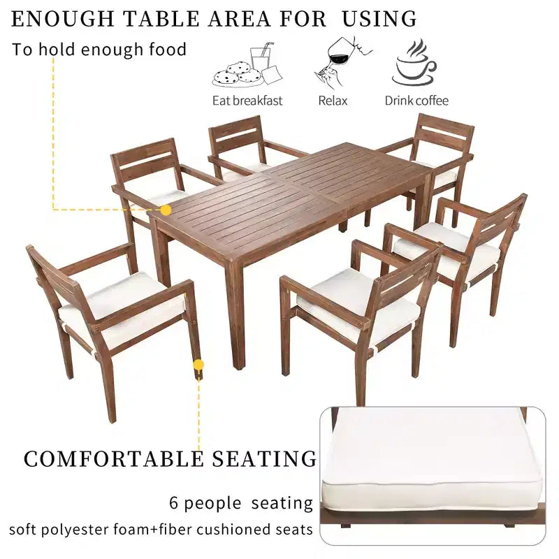 Ensemble de salle à manger d'extérieur 7 pièces Whisen - 6 places, table et chaises de jardin en bois d'extérieur, ensembles de meubles de patio résistants aux intempéries