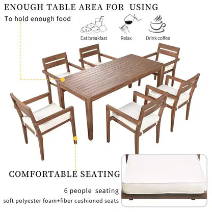 Ensemble de salle à manger d'extérieur 7 pièces Whisen - 6 places, table et chaises de jardin en bois d'extérieur, ensembles de meubles de patio résistants aux intempéries