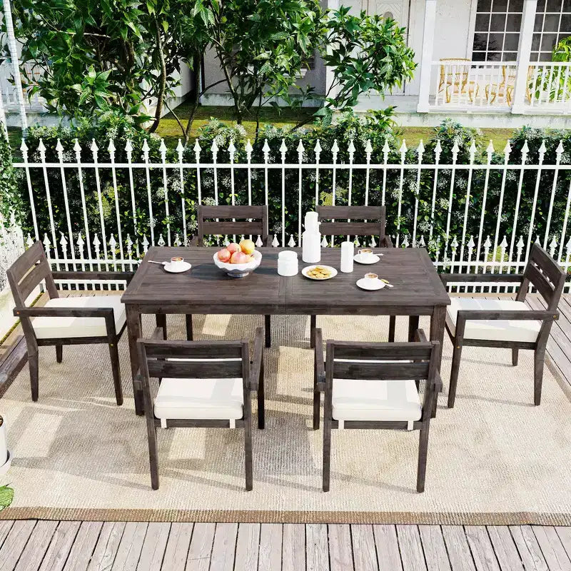 Ensemble de salle à manger d'extérieur 7 pièces Whisen - 6 places, table et chaises de jardin en bois d'extérieur, ensembles de meubles de patio résistants aux intempéries