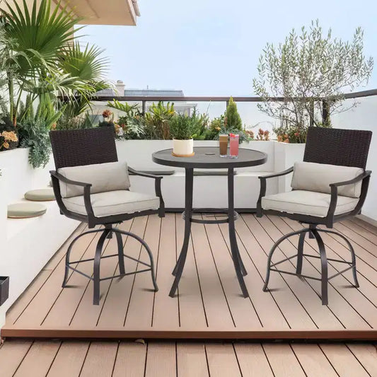 EROMMY 3 Piece Outdoor Patio Set, High Top Patio Bar Set With Round Table (1.96'' Umbrella Hole) And 2 Swivel Dining Chairs With Lumbar Pillow
