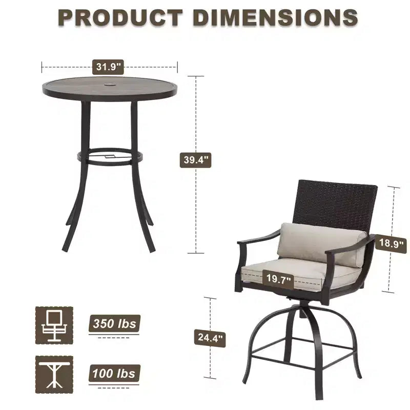 Ensemble de 3 meubles de patio EROMMY, ensemble de bar de patio avec table ronde (trou de parasol de 5 cm) et 2 chaises pivotantes avec coussin lombaire