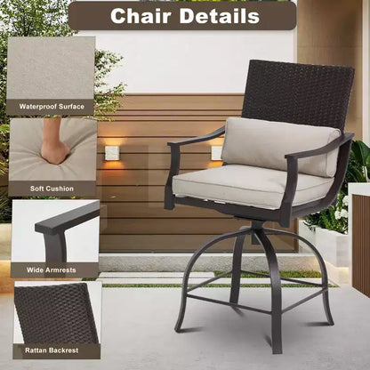 Ensemble de 3 meubles de patio EROMMY, ensemble de bar de patio avec table ronde (trou de parasol de 5 cm) et 2 chaises pivotantes avec coussin lombaire