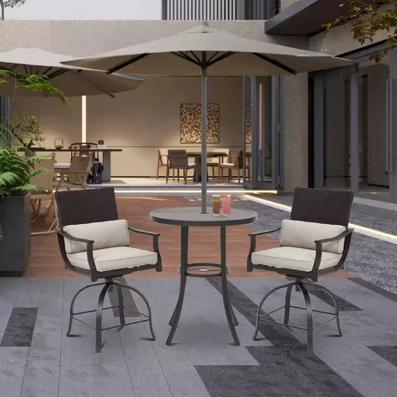 Ensemble de 3 meubles de patio EROMMY, ensemble de bar de patio avec table ronde (trou de parasol de 5 cm) et 2 chaises pivotantes avec coussin lombaire