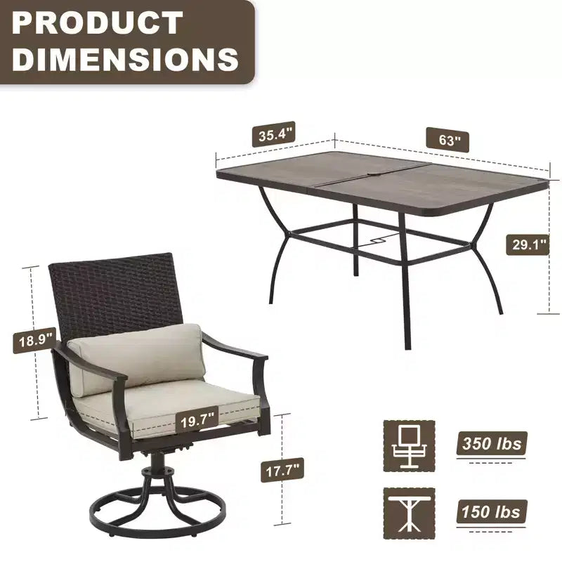 EROMMY Ensemble de salle à manger d'extérieur 7 pièces, grande table à manger rectangulaire (trou pour parasol de 1,96'') et 6 chaises de salle à manger pivotantes avec coussin lombaire