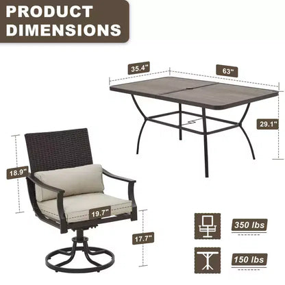 EROMMY Ensemble de salle à manger d'extérieur 7 pièces, grande table à manger rectangulaire (trou pour parasol de 1,96'') et 6 chaises de salle à manger pivotantes avec coussin lombaire