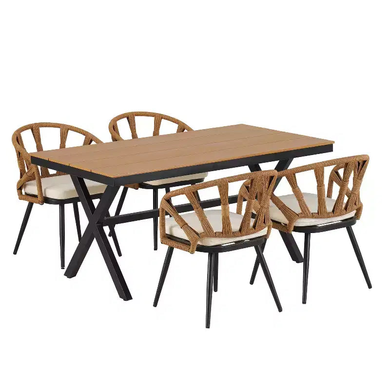 Ensemble extérieur contemporain Whisen avec chaises en rotin PE et table en bois synthétique, idéal pour les jardins et les pelouses