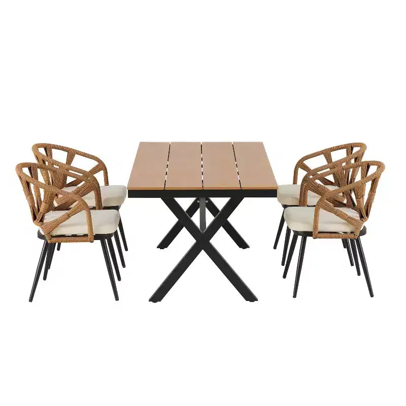 Ensemble extérieur contemporain Whisen avec chaises en rotin PE et table en bois synthétique, idéal pour les jardins et les pelouses