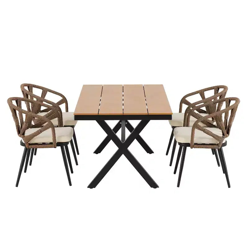 Ensemble extérieur contemporain Whisen avec chaises en rotin PE et table en bois synthétique, idéal pour les jardins et les pelouses