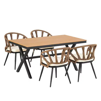 Ensemble extérieur contemporain Whisen avec chaises en rotin PE et table en bois synthétique, idéal pour les jardins et les pelouses
