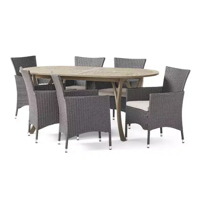 Set da pranzo a 7 pezzi Christopher Knight Home per esterno in legno di acacia e vimini con cuscini