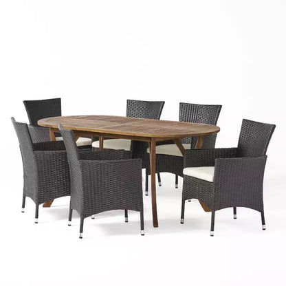 Set da pranzo a 7 pezzi Christopher Knight Home per esterno in legno di acacia e vimini con cuscini