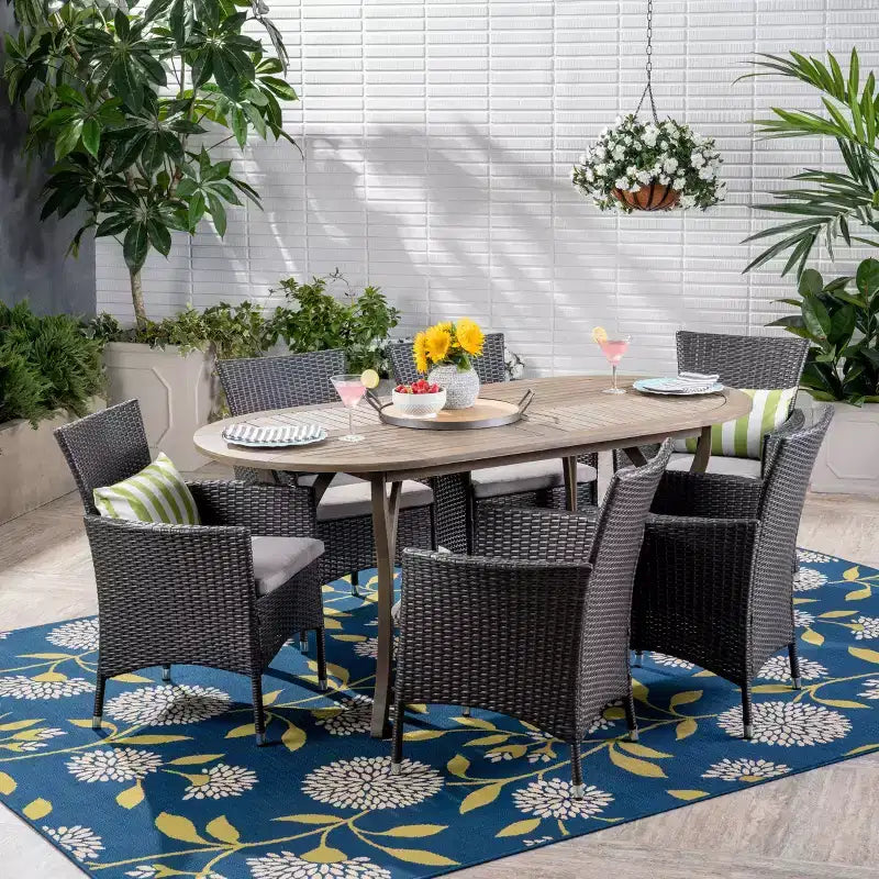 Set da pranzo a 7 pezzi Christopher Knight Home per esterno in legno di acacia e vimini con cuscini