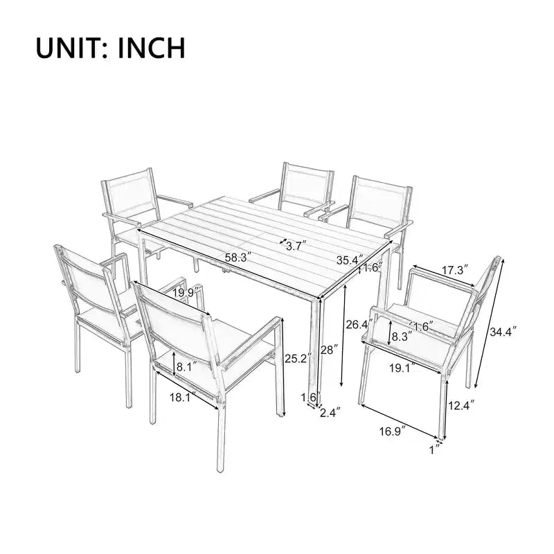 Ensemble table et chaises de salle à manger d'extérieur 7 pièces Whisen en acier résistant aux intempéries, ensemble de salle à manger de patio pour balcon, arrière-cour