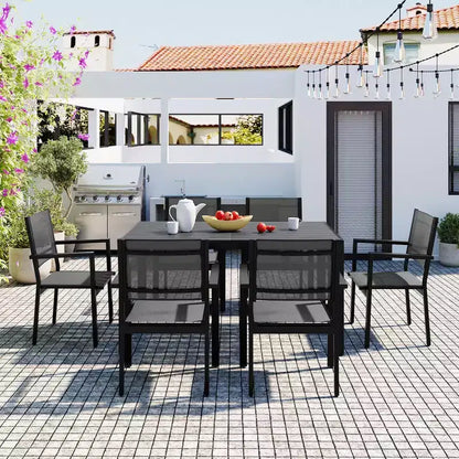 Ensemble table et chaises de salle à manger d'extérieur 7 pièces Whisen en acier résistant aux intempéries, ensemble de salle à manger de patio pour balcon, arrière-cour