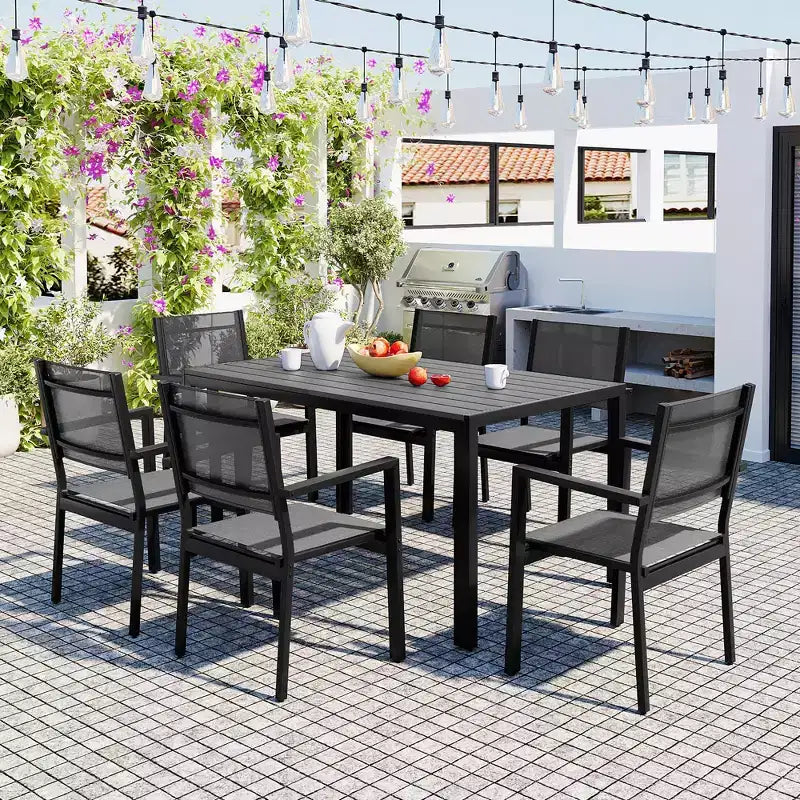 Ensemble table et chaises de salle à manger d'extérieur 7 pièces Whisen en acier résistant aux intempéries, ensemble de salle à manger de patio pour balcon, arrière-cour