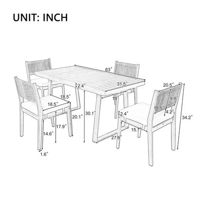 Ensemble de table et de chaises de salle à manger d'extérieur en bois d'acacia multi-personnes Whisen, coussins épais, convient pour balcon, cour et jardin.