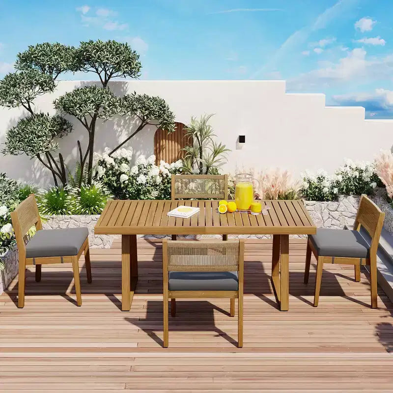 Ensemble de table et de chaises de salle à manger d'extérieur en bois d'acacia multi-personnes Whisen, coussins épais, convient pour balcon, cour et jardin.