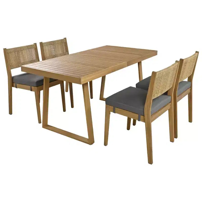 Ensemble de table et de chaises de salle à manger d'extérieur en bois d'acacia multi-personnes Whisen, coussins épais, convient pour balcon, cour et jardin.