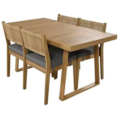 Ensemble de table et de chaises de salle à manger d'extérieur en bois d'acacia multi-personnes Whisen, coussins épais, convient pour balcon, cour et jardin.