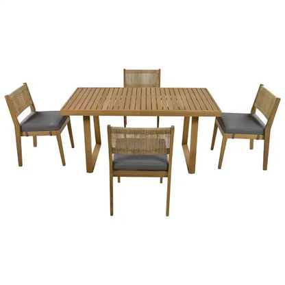 Ensemble de table et de chaises de salle à manger d'extérieur en bois d'acacia multi-personnes Whisen, coussins épais, convient pour balcon, cour et jardin.