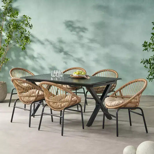 GDFStudio Benway Outdoor Wicker and Aluminum 7 Piece Dining Set with Cushion, Light Brown/Black
