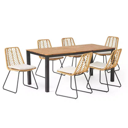GDFStudio Beaver Set da pranzo da esterno a 7 pezzi in vimini e legno di acacia, marrone chiaro/beige