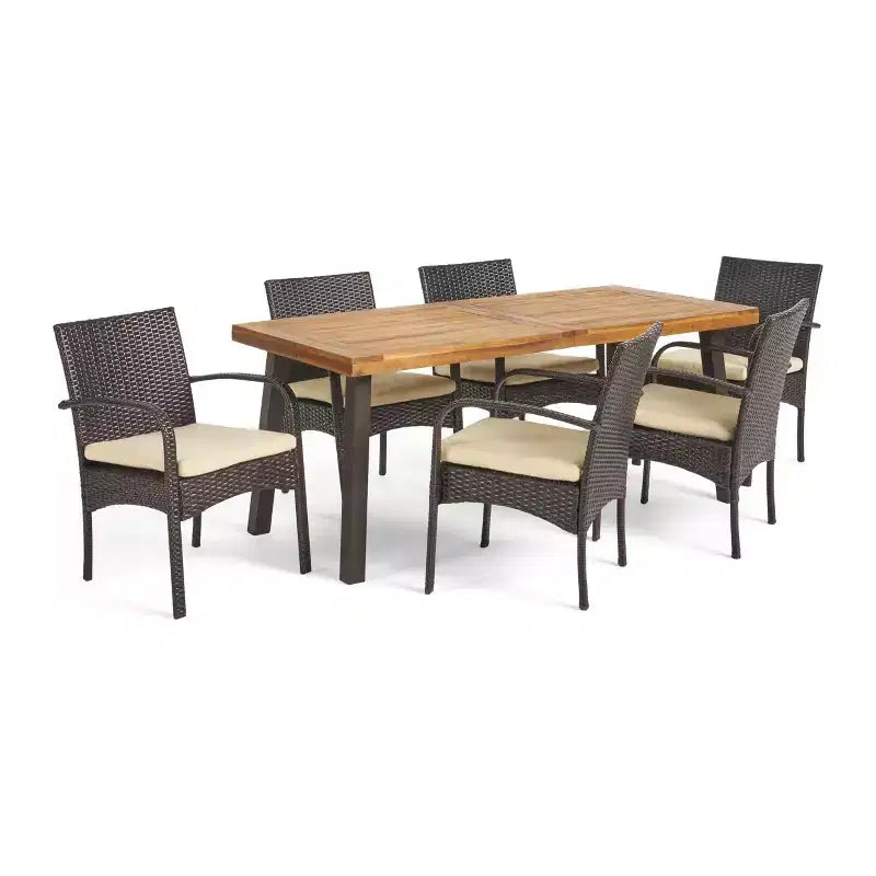 GDFStudio Neva Set da Pranzo da Esterno a 7 Pezzi in Legno di Acacia e Rattan con Cuscini, Naturale/Marrone Multicolore
