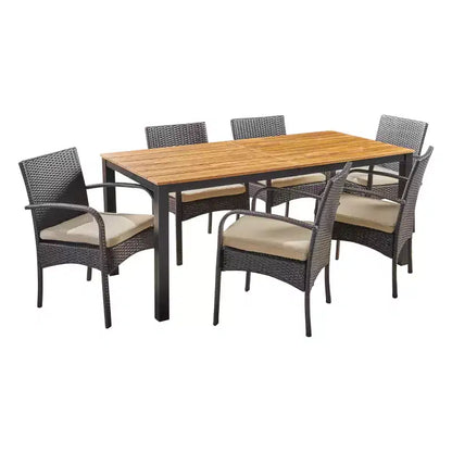 Ensemble de salle à manger d'extérieur 7 pièces Christopher Knight Home Ballard en osier et bois d'acacia avec coussins, teck/marron multicolore